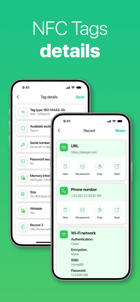 NFC Reader & Scannerㅤ - Gain in-depth understanding with "Tag details" showing "Memory information" and individual "Record" entries with security features.
