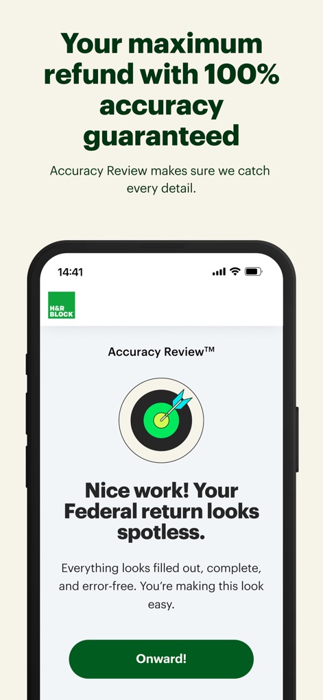H&R Block Tax Prep: File Taxes - The app provides assurance through its "Accuracy Review" confirmation screen, featuring a target icon with a bullseye hit and the explicit message "Your Federal return looks spotless."