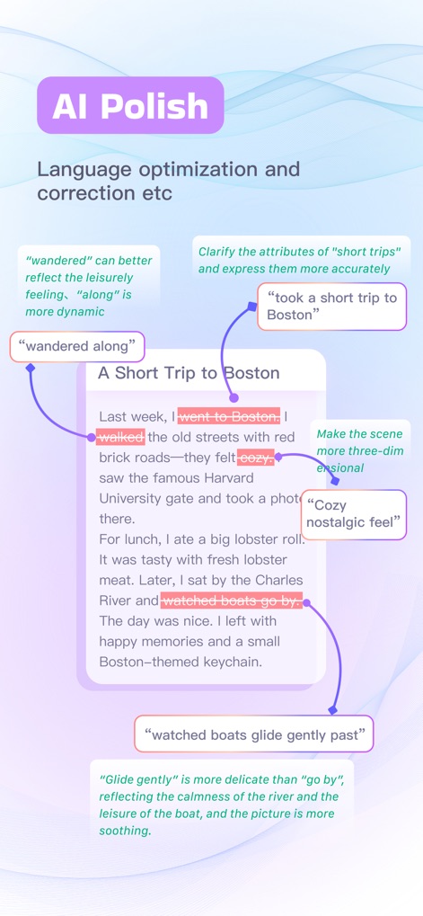 InstaWrite AI - Notes taker - Explore the 'AI Polish' feature that meticulously optimizes text, demonstrating its capability to refine sentence structure and suggest elegant word choices for enhanced readability and professionalism.