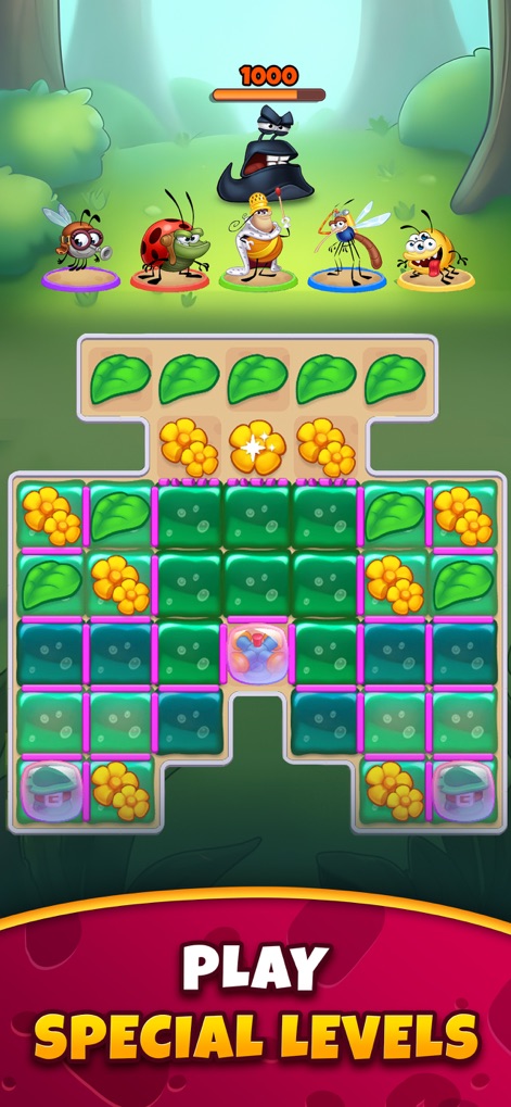 Best Fiends - Match 3 Puzzles - Observe the varied puzzle layouts, including special flower blocks, and the active team of fiend characters above the game board.