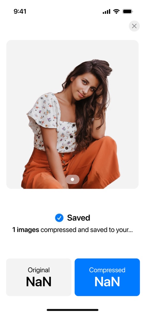 Compress Photos, Resize Image - The app confirms successful background processing with a 'Saved' notification, presenting the edited image prominently, though file size comparisons might show 'NaN' values in this view.