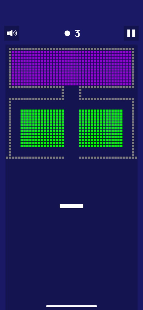 Many Bricks Breaker - Die App präsentiert ein lebhaftes Spielfeld mit lila und grünen Blöcken, die in komplexen Mustern angeordnet sind und auf ihren Abschuss warten.