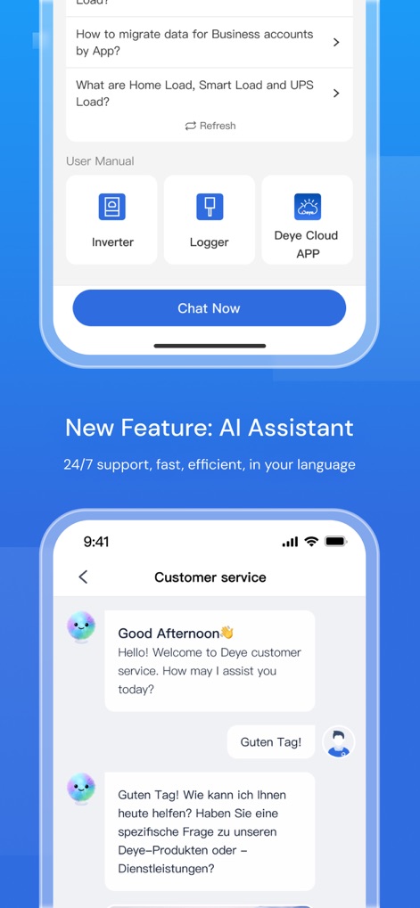 Deye Cloud - The app offers robust support, featuring an AI Assistant with multilingual chat capabilities and easily accessible 'User Manual' links for key equipment like inverters and loggers.