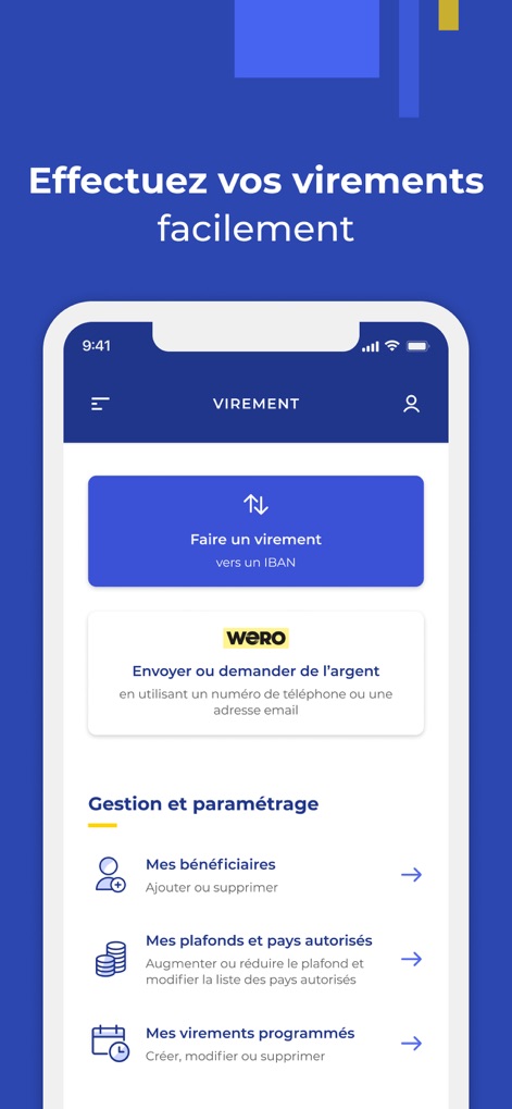 Mes Comptes - LCL - The app facilitates efficient money movement, offering "Faire un virement" options and detailed management of "Mes bénéficiaires" and transfer limits.