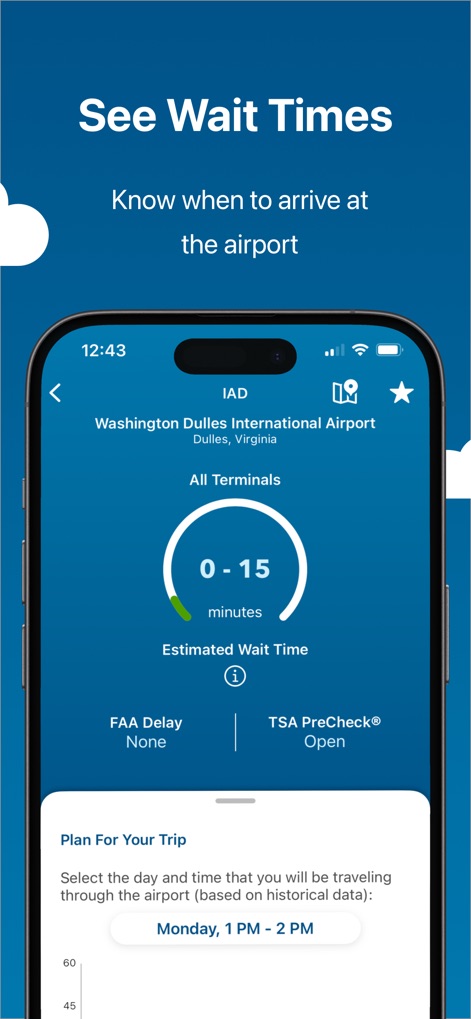 MyTSA - This screen provides detailed wait time estimates, visually represented by the prominent minute range display, alongside tools for planning trips with historical data.