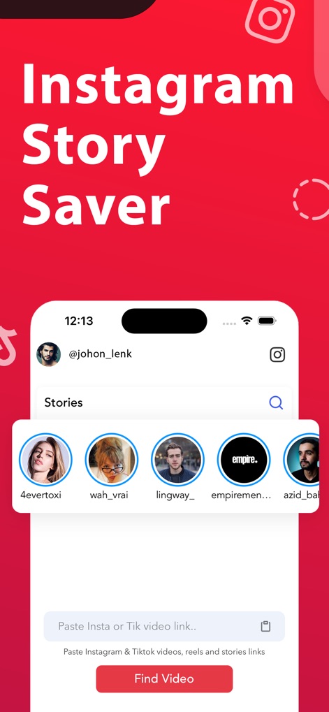 Story Saver : Save & Repost - This tool streamlines content saving by providing a clear input field for "Insta or Tik video link" and displaying a user's "Stories" feed for quick access.