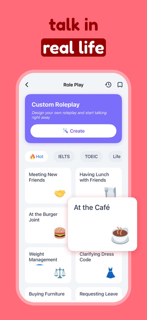 TalkMe: Speak & Learn English - Users can explore diverse communication contexts, from designing "Custom Roleplay" scenarios to selecting practical topics like "At the Café" for real-life practice.