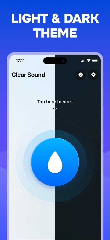 Water Eject ‒ Speaker Cleaner - Personalize the app's look with the flexible 'LIGHT & DARK THEME' options, showcased side-by-side, and observe how the central 'Clear Sound' feature adapts beautifully to both.