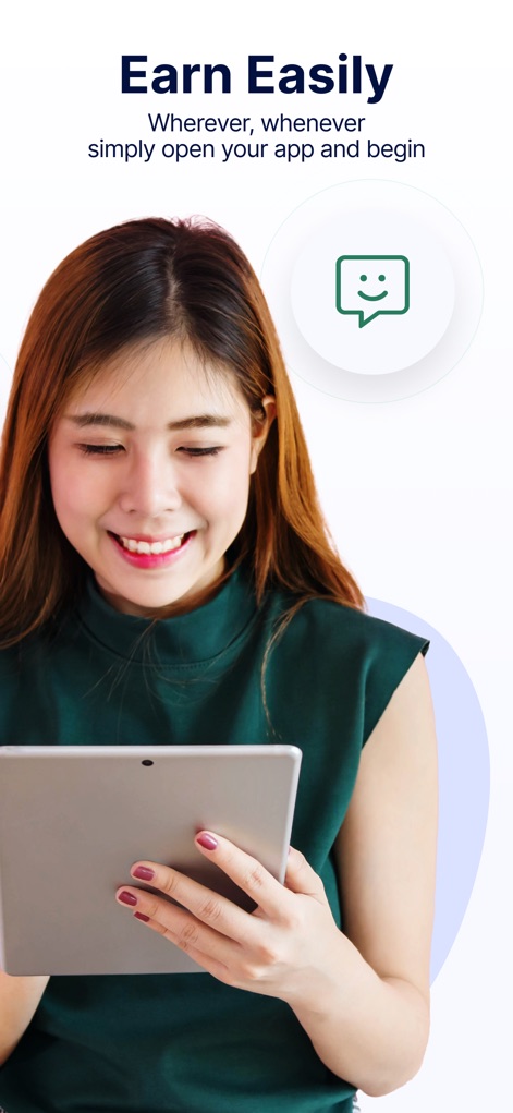 Ipsos iSay: Take Paid Surveys - Questo strumento rende il guadagno accessibile ovunque e in qualsiasi momento, come dimostrato dalla donna che utilizza il tablet e il testo 'Wherever, whenever simply open your app and begin'.