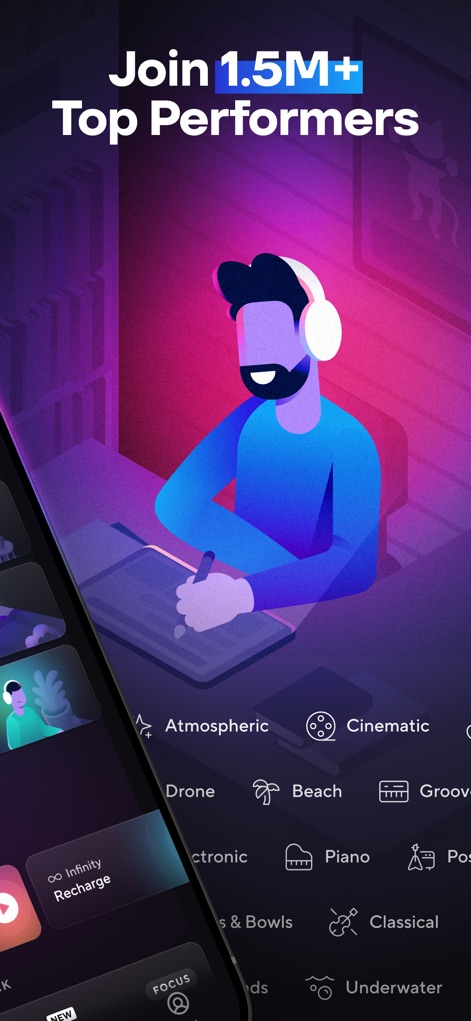 Brain.fm: Focus & Sleep Music - Users can explore a wide range of genre icons, from "Atmospheric" to "Classical," joining over "1.5M+ Top Performers" who already utilize the app.