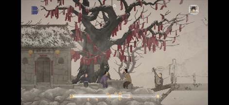 The Rewinder - L'app presenta una commovente scena sociale intorno a un antico albero adornato con nastri rossi, mentre un personaggio suona una melodia con uno strumento tradizionale, rivelando interazioni e tradizioni nel villaggio.