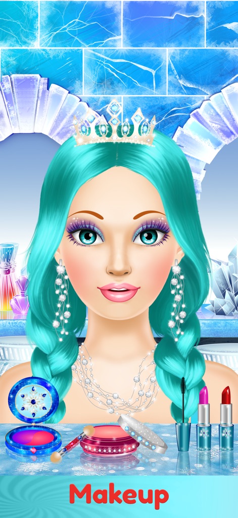Dress Up & Makeup Girl Games - Este visual destaca uma personagem com cabelo azul vibrante e uma tiara de gelo, cercada por kits de maquiagem variados.