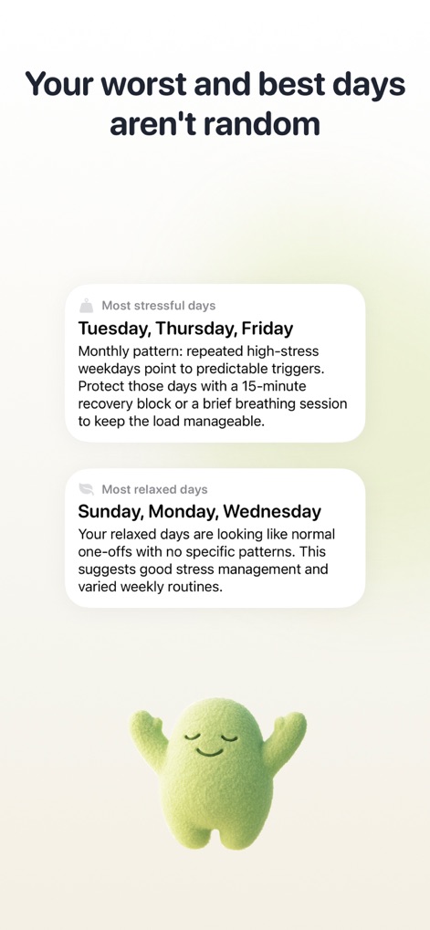 Harvee: Watch Stress Monitor - The tool analyzes patterns to identify "Most stressful days" and "Most relaxed days", providing actionable insights to build lasting resilience.