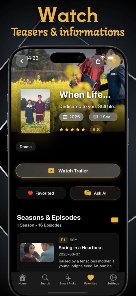 KissAsian: KDrama Movies Pal - Explore comprehensive show details, including the prominent "Watch Trailer" button and organized "Seasons & Episodes" for in-depth viewing.