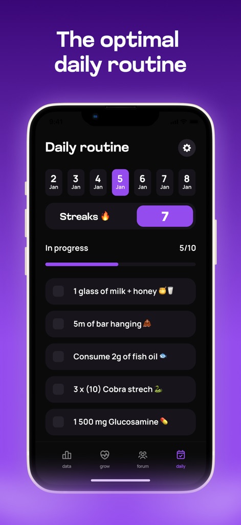 Taller - Maximize your height - The app provides a structured "Daily routine" with actionable tasks like "5m of bar hanging" and dietary suggestions, clearly highlighting user consistency through the "Streaks" tracker.