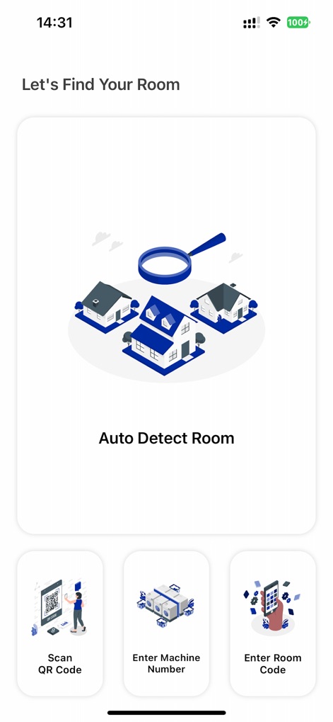 CleanPay Mobile - The app offers multiple convenient methods for users to locate their laundry room, including an 'Auto Detect Room' feature and the ability to 'Scan QR Code' for quick setup.