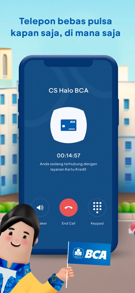 Halo BCA - La aplicación permite a los usuarios contactar al Servicio al Cliente de BCA mediante una llamada VoIP gratuita, mostrando una interfaz de llamada activa y la confirmación de conexión al servicio de Tarjeta de Crédito.
