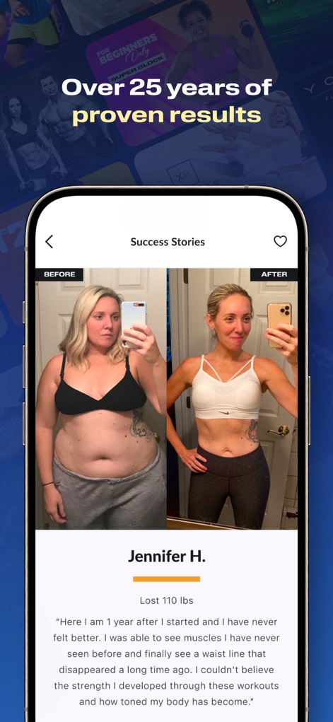 BODi by Beachbody Home Fitness - La aplicación destaca testimonios de usuarios como Jennifer H., mostrando sus transformaciones 'Antes' y 'Después', lo que refuerza el compromiso de la plataforma con resultados visibles y medibles.