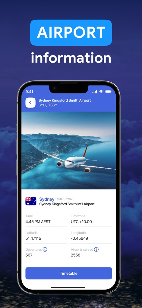 Flight Radar Airplane Tracker - 이 앱은 특정 공항의 상세 페이지에서 현재 시간대와 함께 경도 및 위도 같은 지리적 좌표를 제공하여, 사용자가 필요한 정보를 쉽게 얻도록 합니다.