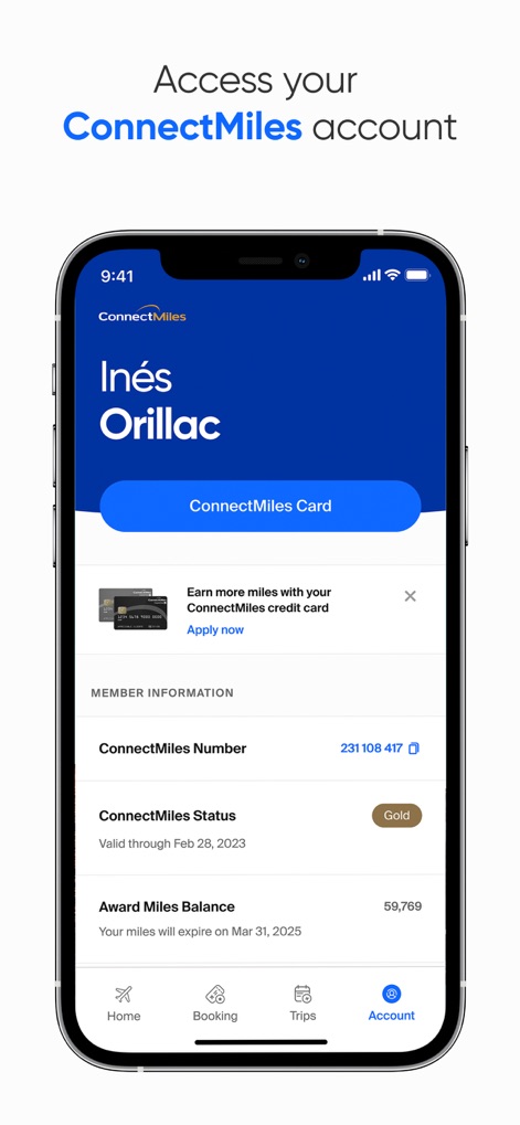 Copa Airlines - Los usuarios pueden consultar el saldo de sus millas y el estado de su membresía, junto con un acceso rápido a la tarjeta digital ConnectMiles y opciones para ganar más millas.