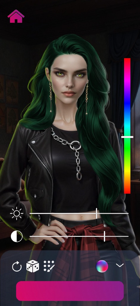 My Way: Stories & Love Episode - This tool allows for extensive character personalization, featuring a character with vibrant green hair and a detailed interface for adjusting appearance elements.