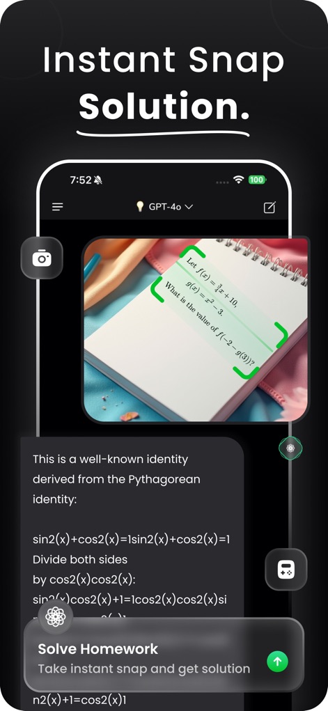 Gronk AI - DeepGronk AI Chat - The tool demonstrates its ability to solve complex problems instantly, allowing users to 'snap' a picture of equations and receive step-by-step solutions.