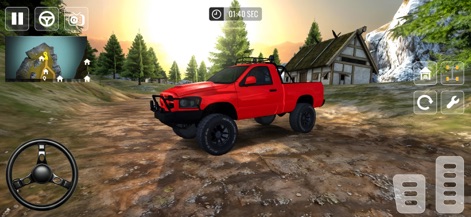 Real Offroad Jeep Driving Game - Un imponente camión rojo se detiene en un sendero de tierra, rodeado por un entorno rústico detallado que incluye una pintoresca casa de madera y densos pinos.