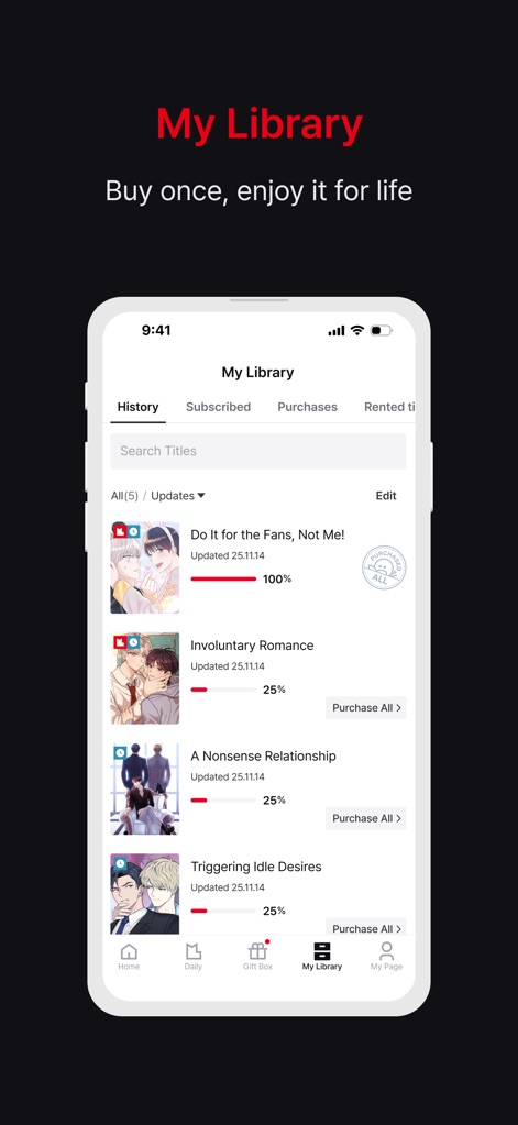 Lezhin Comics-Premium Webtoons - Die Übersicht "My Library" zeigt erworbene Comics mit deutlichen Fortschrittsbalken und die praktische Option "Purchase All" für den schnellen Komplettkauf.