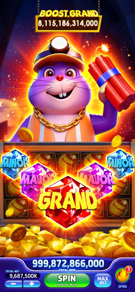 Jackpot Crazy-Vegas Cash Slots - This scene highlights the adventurous miner rabbit with dynamite and the sparkling 'Minor', 'Major', and 'Grand' gem jackpots atop a heap of golden riches.