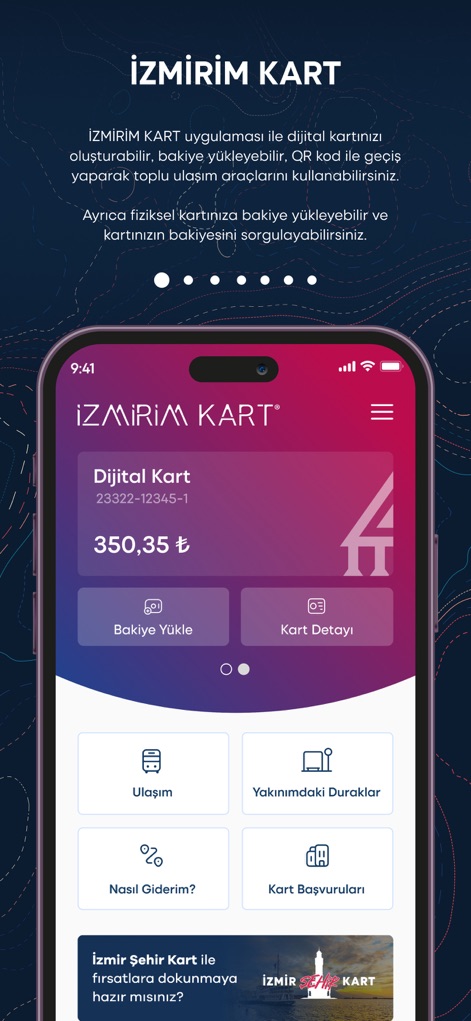 İzmirim Kart - Dijital Kart - The central dashboard showcases a user's digital card balance and offers immediate access to features like balance top-up and detailed card information.