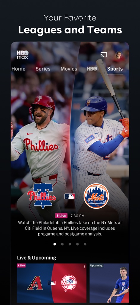 HBO Max: Stream Movies & TV - Users can catch live sports events, including baseball games featuring their favorite teams like the Philadelphia Phillies, and explore other Live & Upcoming matches.