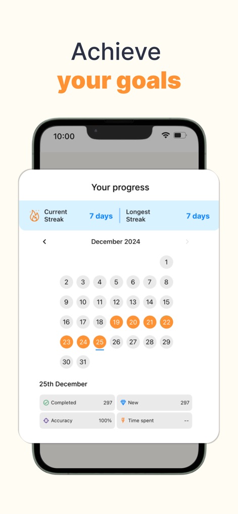 PeakTalk: Job-specific English - Os usuários podem visualizar seu engajamento e conquistas através do rastreamento de dias consecutivos de estudo ("Current Streak") e a representação de um calendário, incentivando a consistência e a celebração do progresso diário.