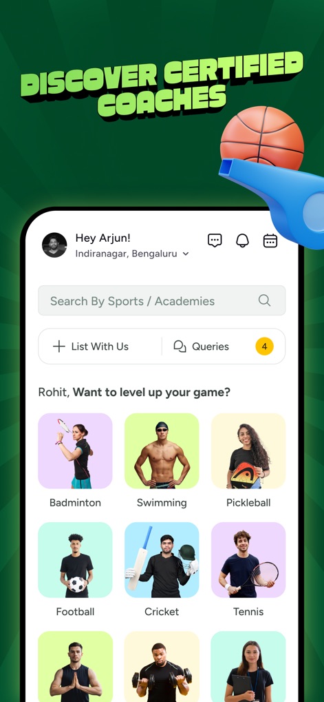 Playo - Sports Community App - 이 앱은 다양한 스포츠 종목의 전문 코치를 검색할 수 있는 인터페이스를 제공하며, 배드민턴, 수영 등 여러 스포츠 아이콘을 통해 사용자의 관심사에 맞는 코치를 쉽게 찾도록 돕습니다.