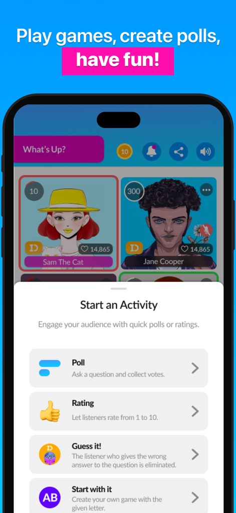 BlindID: Live & Group Chat - Die App bietet eine Vielzahl von Aktivitäten wie interaktive Umfragen und verschiedene Spiele, die die Interaktion innerhalb der Chat-Räume bereichern.