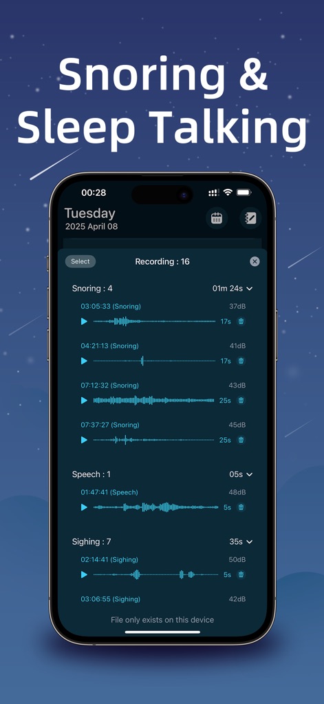 iSleeper: Sleep Tracker - Die App erfasst und listet spezifische Schlafgeräusche wie Schnarchen und Sprechen auf, wobei Nutzer die Dauer und Lautstärke jeder Aufnahme einsehen können.
