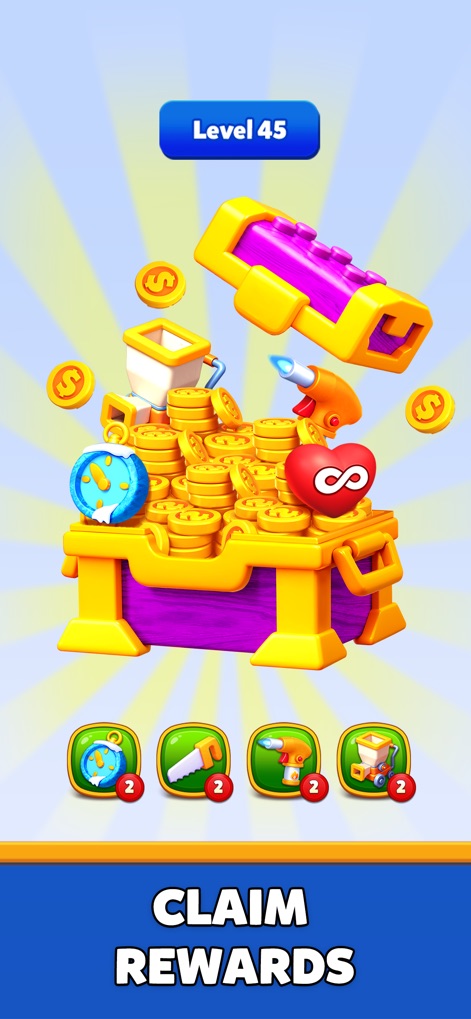 Color Block Run - Puzzle Game - Los jugadores son motivados con cofres llenos de monedas de oro y una variedad de potenciadores como el temporizador y la sierra, incentivando la progresión en el juego.
