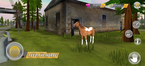 Police Simulator Border Patrol - El simulador incluye elementos interactivos únicos, como la presencia de un caballo marrón y blanco en un campo verde y la indicación en pantalla para alimentarlo.