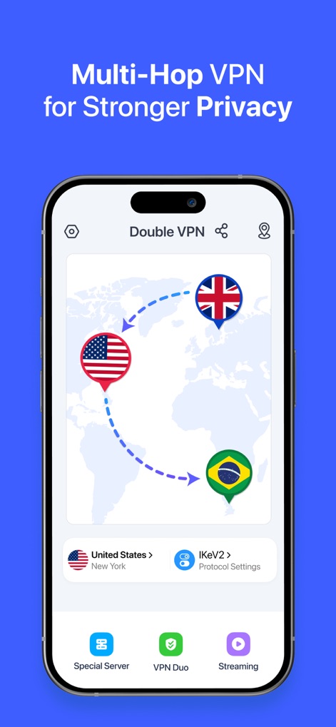 VPN for iPhone · - La función "Double VPN" se visualiza claramente con un mapa que muestra la ruta de conexión a través de dos servidores distintos (banderas de Estados Unidos y Brasil), añadiendo una capa extra de privacidad.