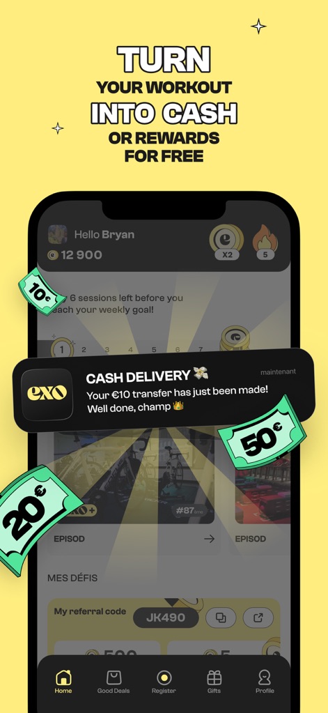 EXO – Sport, Cash & Rewards - The app demonstrates immediate financial gains through a 'Cash Delivery' notification and personal progress tracking on the main dashboard.