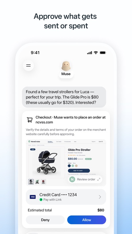 Muse from Meta App Store screenshot 2, headline “Approve what gets sent or spent”. Tells you to do something.