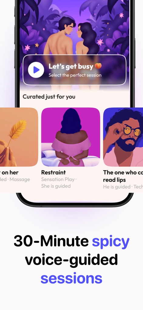Melba: Couples & Intimacy - This tool allows users to explore a curated selection of "spicy voice-guided sessions," presenting diverse categories and a prominent "Let's get busy" prompt.