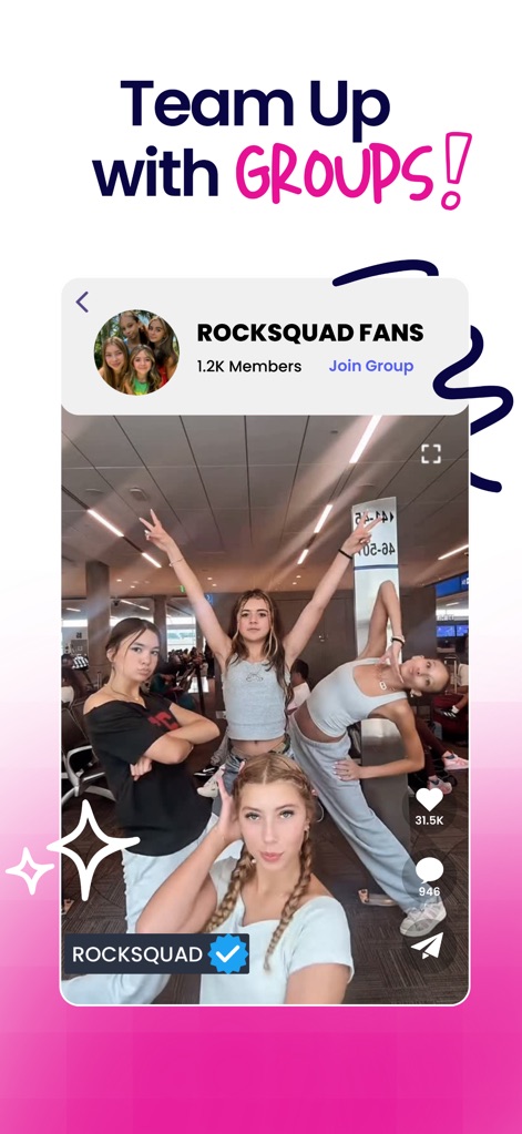 Zigazoo - A tela revela a funcionalidade de grupos do Zigazoo, onde os usuários podem participar de comunidades como "ROCKSQUAD FANS" e encontrar o botão "Join Group" para interagir.