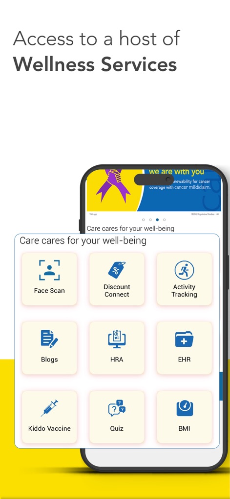 Care Health - Customer App - A diverse array of wellness services is available, including a Face Scan for health insights and a dedicated Kiddo Vaccination Tracker.