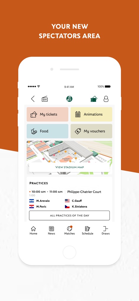 Roland-Garros Official - This tool enhances the on-site experience with an interactive stadium map and offers convenient in-app services for 'Food' and 'My vouchers'.