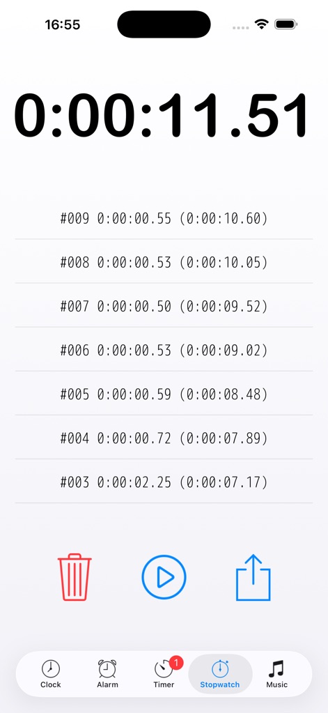 Alarm & Timer - El cronómetro registra los tiempos de vuelta individuales y muestra el tiempo transcurrido total con gran precisión, ideal para mediciones detalladas.