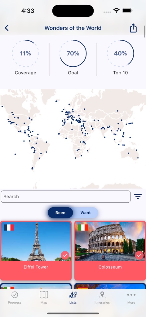 Visited: Travel Tracker & Map - Les utilisateurs peuvent suivre leur progression pour des listes thématiques, comme les Merveilles du Monde, avec un aperçu du pourcentage de couverture et des destinations populaires (Tour Eiffel, Colisée).