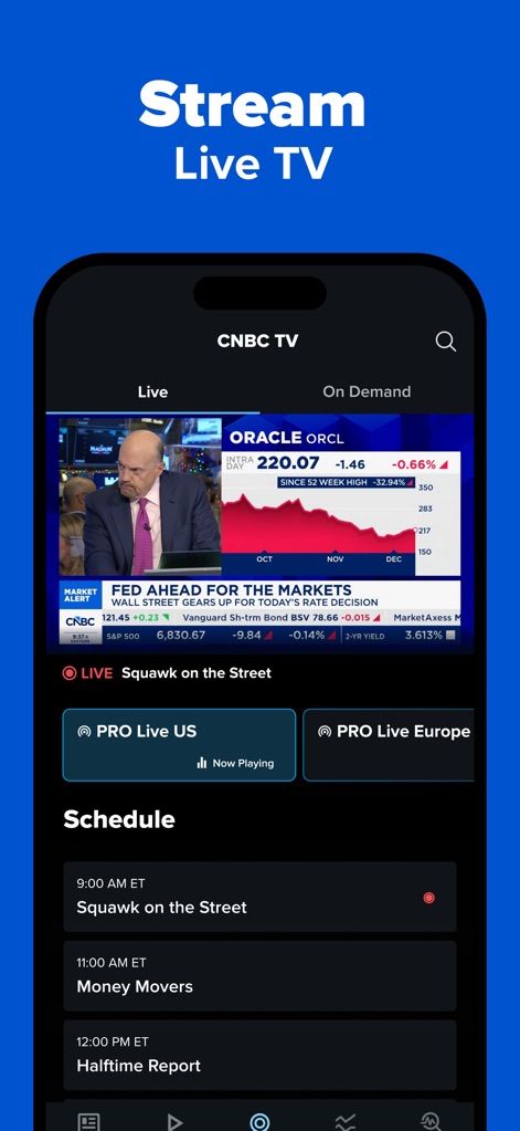 CNBC: Stock Market & Business - This tool offers live streaming of CNBC TV, complete with dynamic market data overlays and a detailed schedule of upcoming shows like 'Squawk on the Street'.