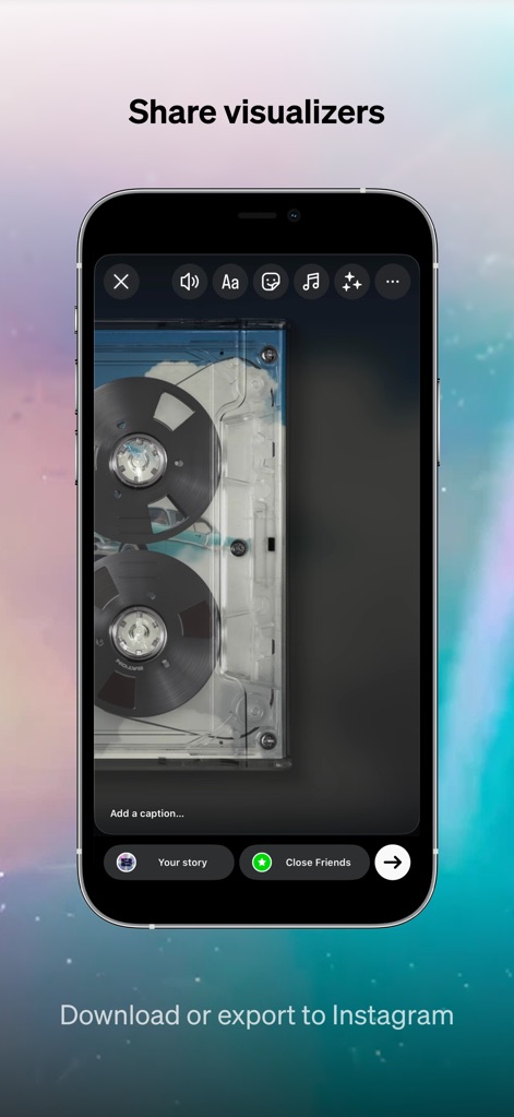 Baton - Unreleased Music - La herramienta ofrece una interfaz similar a "Your story" con un visualizador de cinta y opciones para compartir con "Close Friends" o en redes sociales.