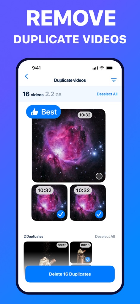 Phone Cleanup: Storage Cleaner - Nutzer können doppelte Videos effizient identifizieren und verwalten, indem die App empfiehlt, welche Videos als "Best" beibehalten werden sollen, und die Option bietet, 16 identifizierte Videos zu entfernen.