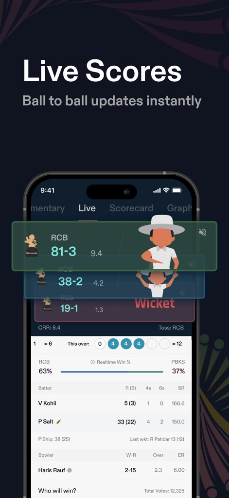 CREX - Just Cricket - Users can track real-time live scores with ball-by-ball updates and comprehensive batter and bowler statistics.